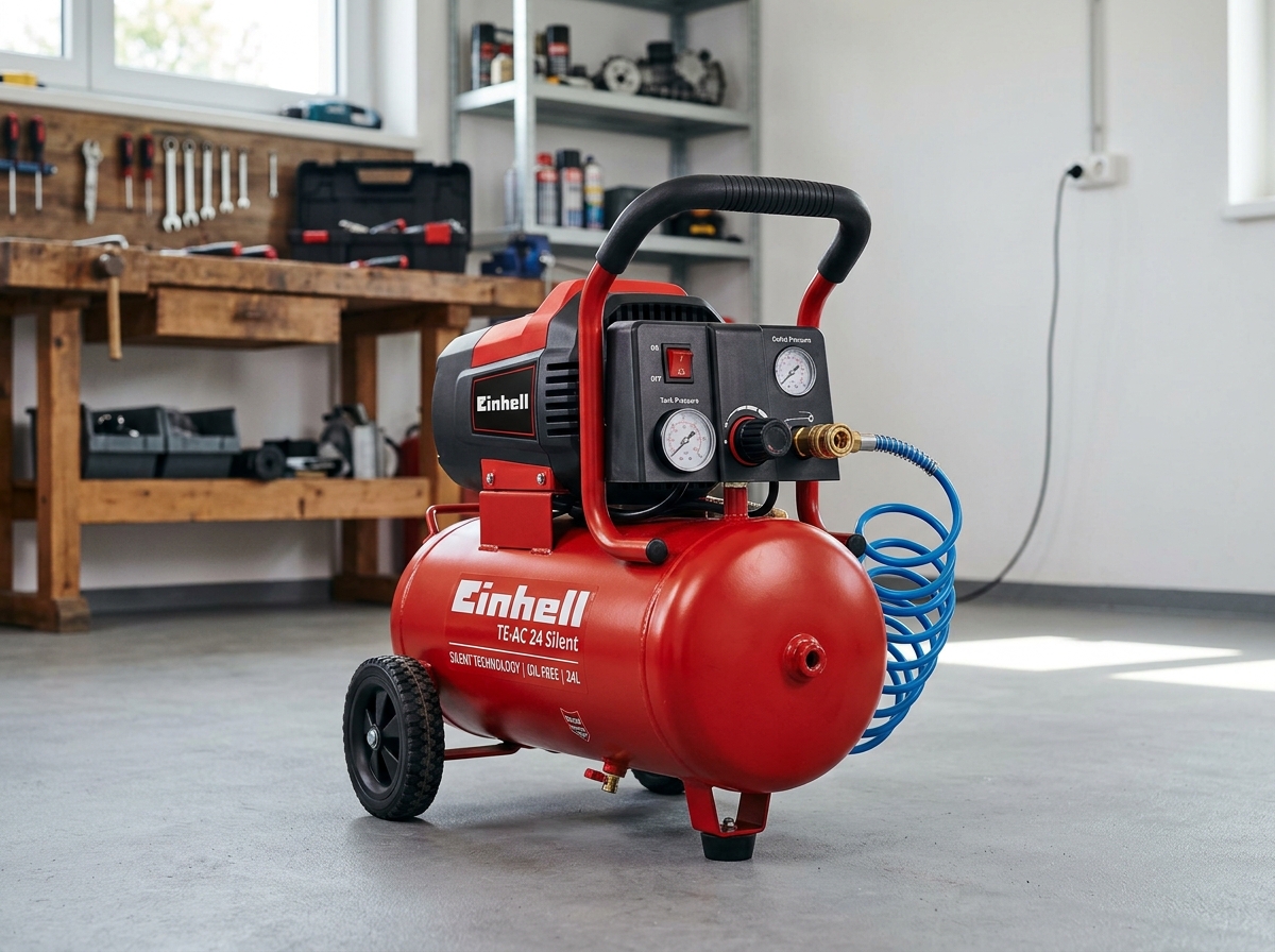 Einhell TE-AC 24 Silent tystgående verkstadskompressor 24 liter med hjul