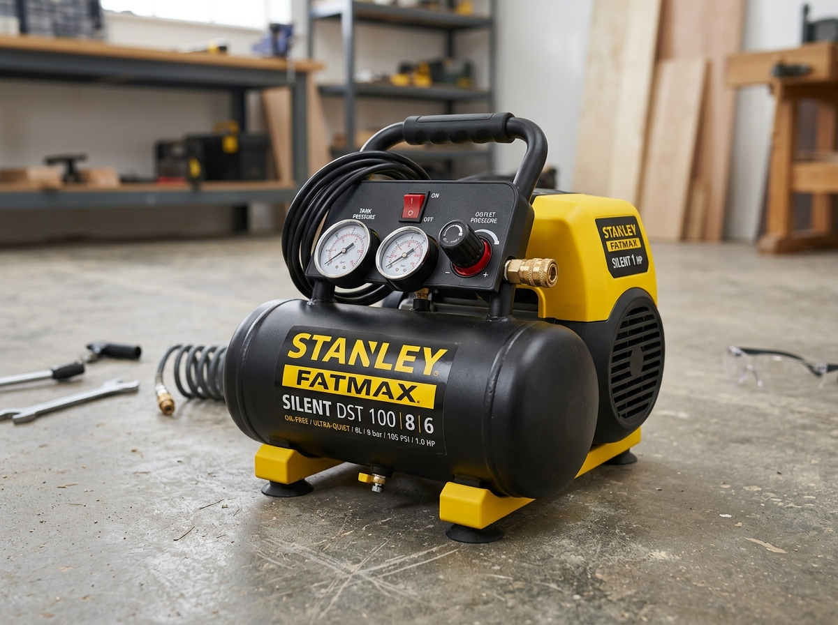 Stanley Fatmax Silent DST 100 kompressor bäst i test tystgående och oljefri